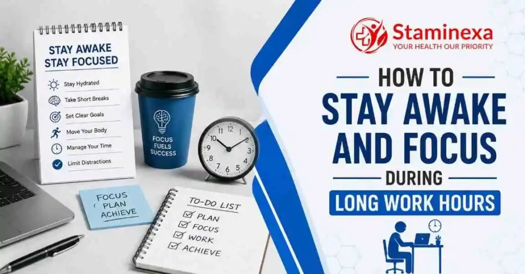 How to Stay Awake and Focus During Long Work Hours with practical productivity and energy tips