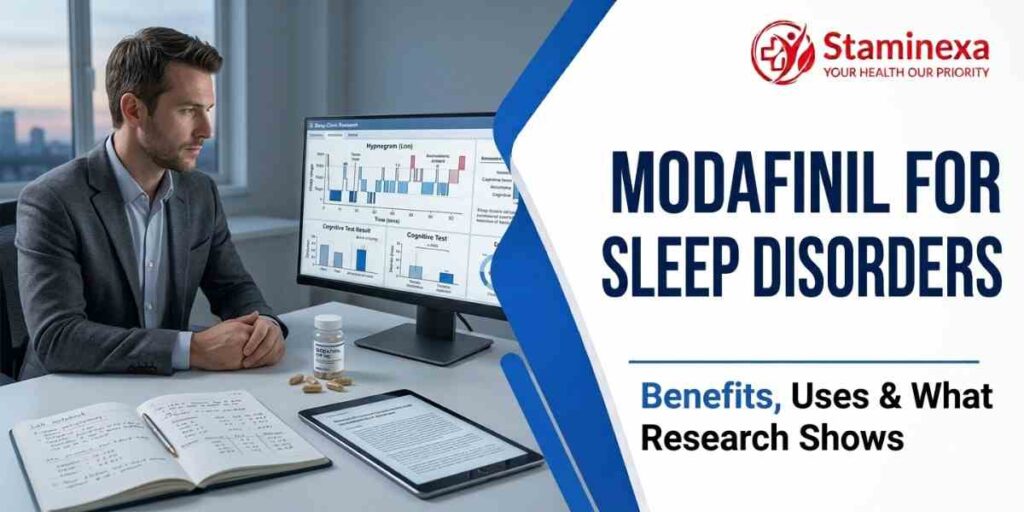 Modafinil for sleep disorders research and benefits guide, presented by Staminexa.