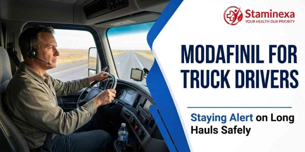 Modafinil for truck drivers: Staminexa blog banner with a driver in his cab on a long-haul journey.