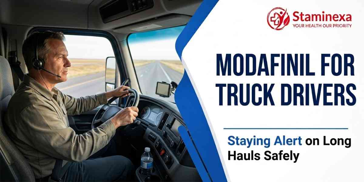 Modafinil for truck drivers: Staminexa blog banner with a driver in his cab on a long-haul journey.