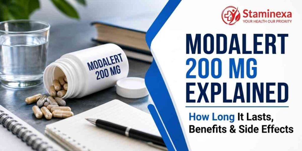 Modalert 200 mg blog feature banner explaining benefits, side effects, and duration by Staminexa