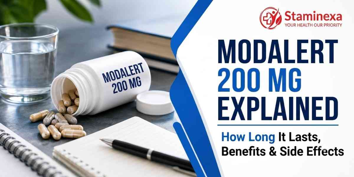 Modalert 200 mg blog feature banner explaining benefits, side effects, and duration by Staminexa