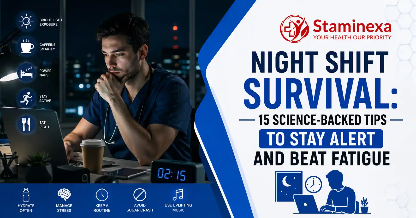 Night shift worker using science-backed strategies to stay alert, reduce fatigue, and maintain focus overnight