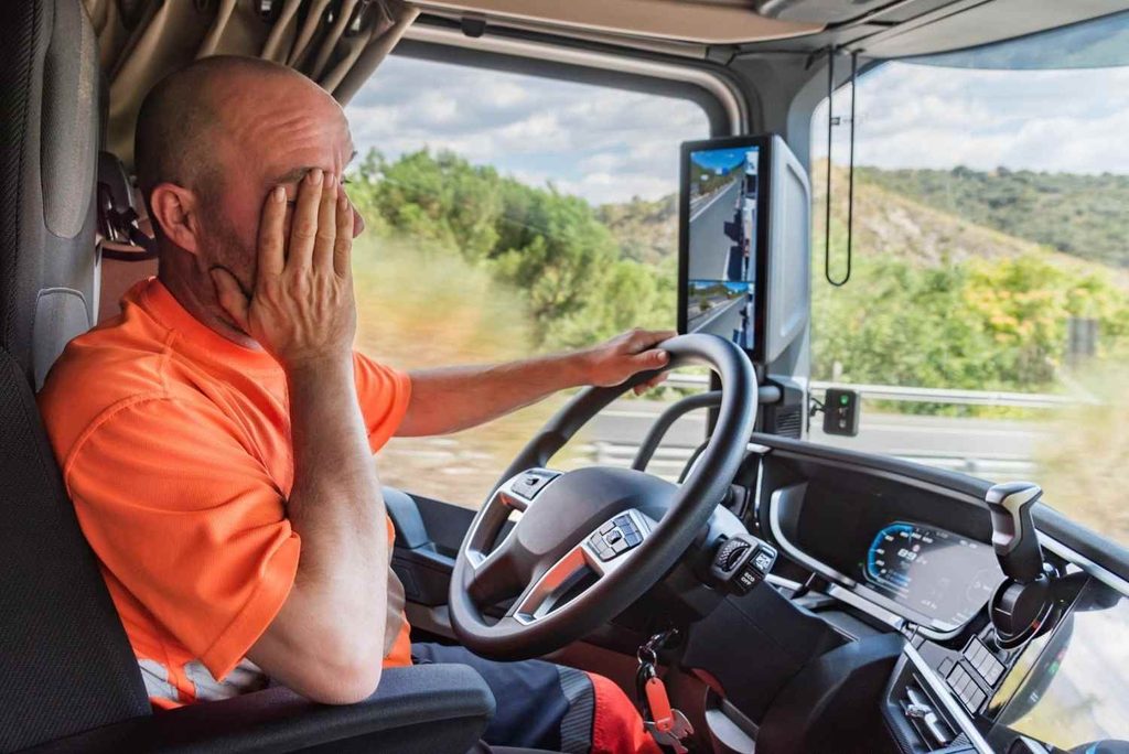 Truck driver showing signs of fatigue while driving a long-haul truck