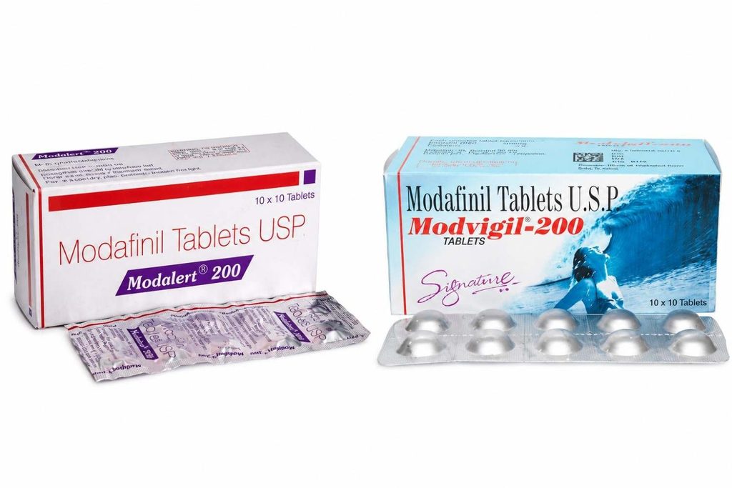 Generic Modafinil tablets and pharmaceutical packaging from different brands