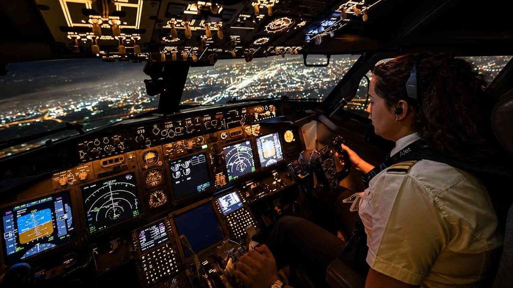 Airline pilot operating a commercial aircraft cockpit during a long-haul night flight