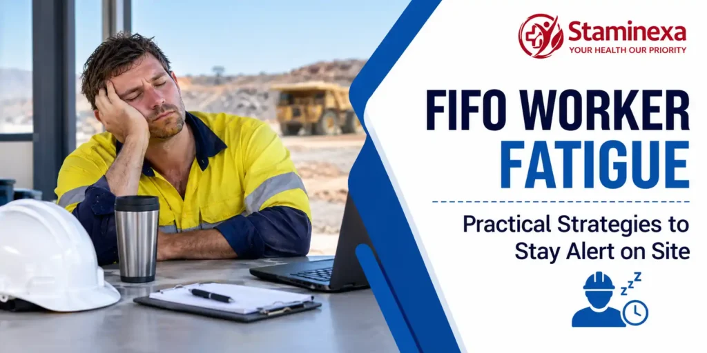 FIFO worker showing fatigue at a mining site desk with safety gear and alertness strategies banner.
