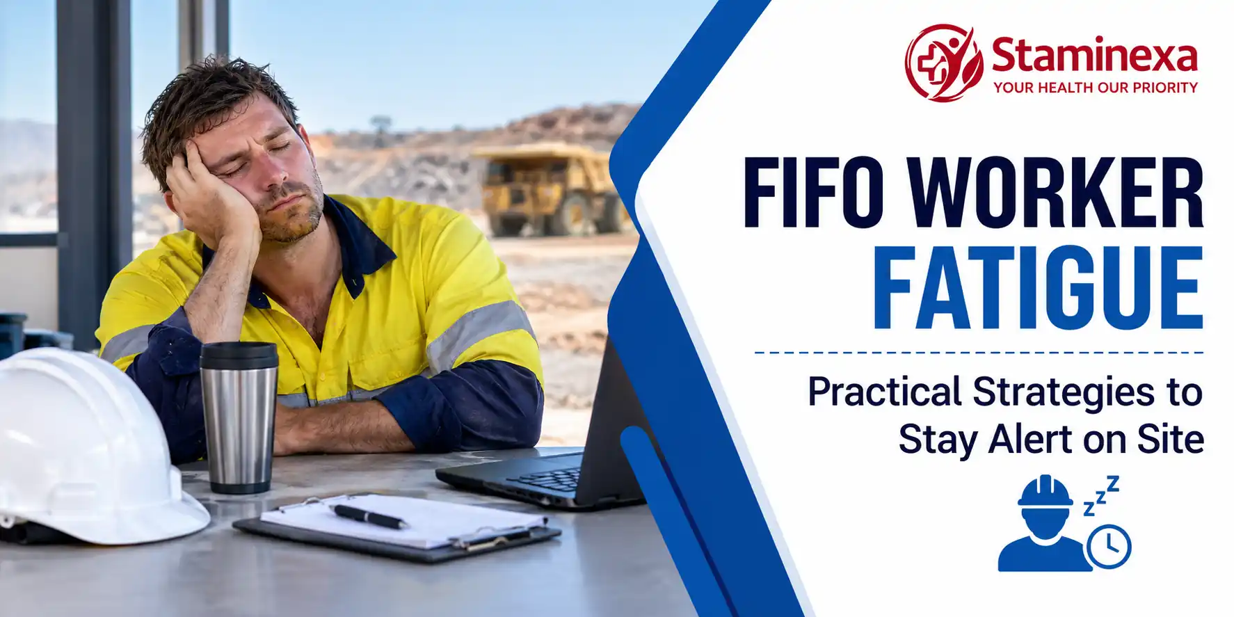FIFO worker showing fatigue at a mining site desk with safety gear and alertness strategies banner.