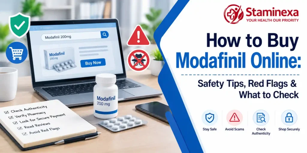Laptop showing Modafinil purchase page with safety checklist, warning icons, and online buying tips.