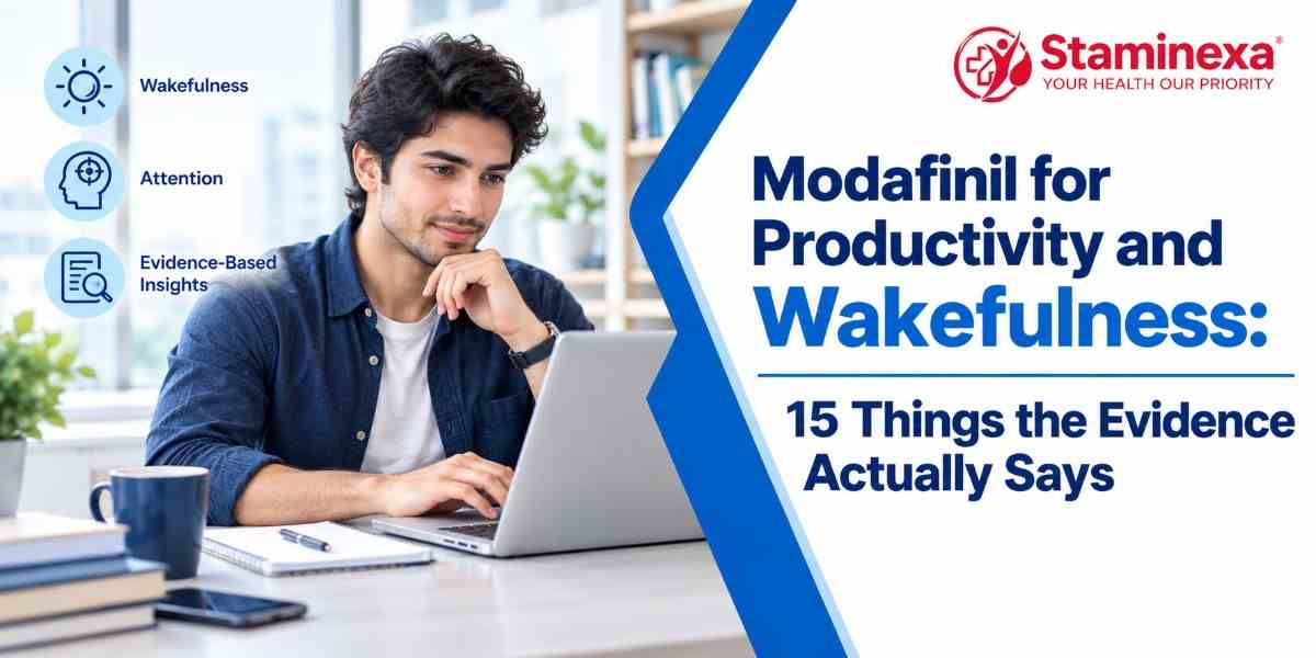 Person working on a laptop illustrating Modafinil, productivity, wakefulness, and focus research