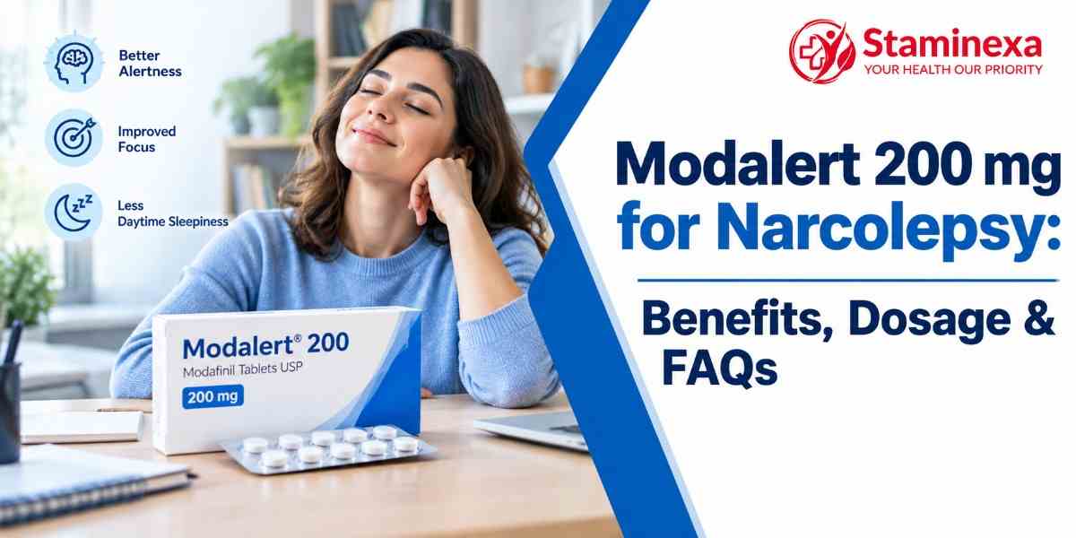 Woman with Modalert 200 mg tablets highlighting narcolepsy benefits, dosage and FAQs.