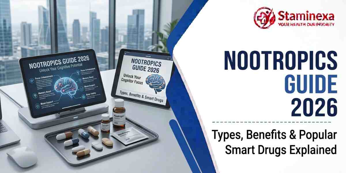 Nootropics Guide 2026 overview featuring popular smart drugs on desk with Staminexa banner.