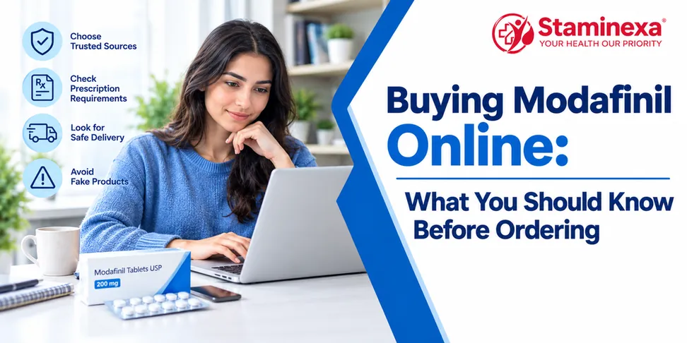 Buying Modafinil online guide showing a woman browsing on a laptop with tips for trusted sources, prescription requirements, safe delivery, and avoiding fake products.