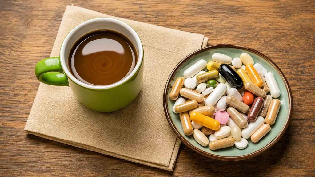 Coffee and nootropic supplements arranged on a desk for focus and cognitive performance