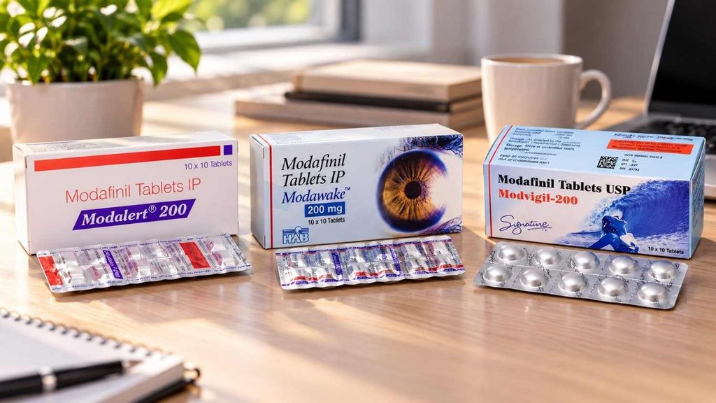 Modalert 200, Modvigil 200, and Modawake 200 Modafinil tablets and packaging

