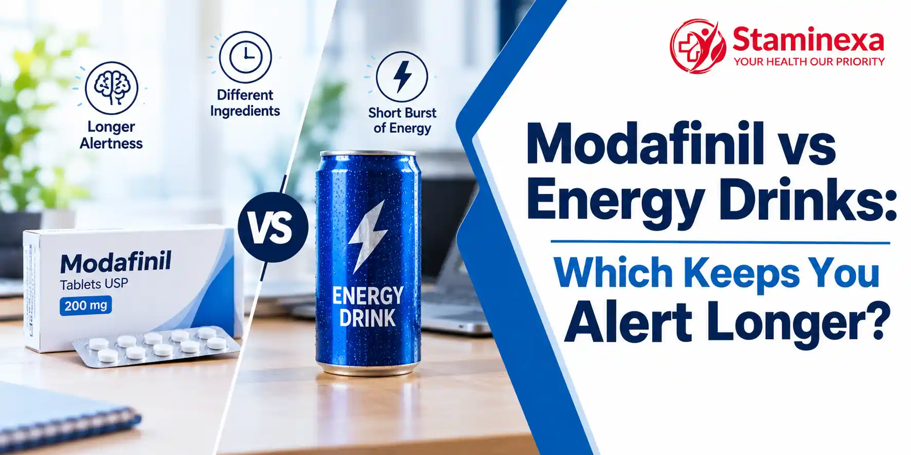 Comparison of Modafinil and energy drinks showing differences in alertness duration and energy effects