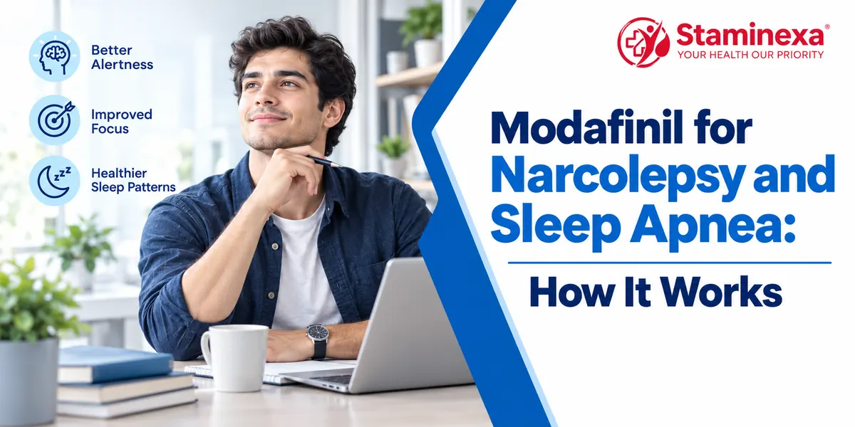 Man working at laptop illustrating Modafinil for narcolepsy and sleep apnea awareness