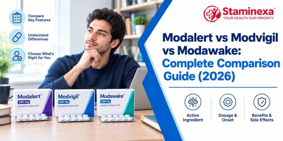 Modalert vs Modvigil vs Modawake comparison guide showing three modafinil products with key differences, active ingredient, dosage, onset, benefits and side effects.