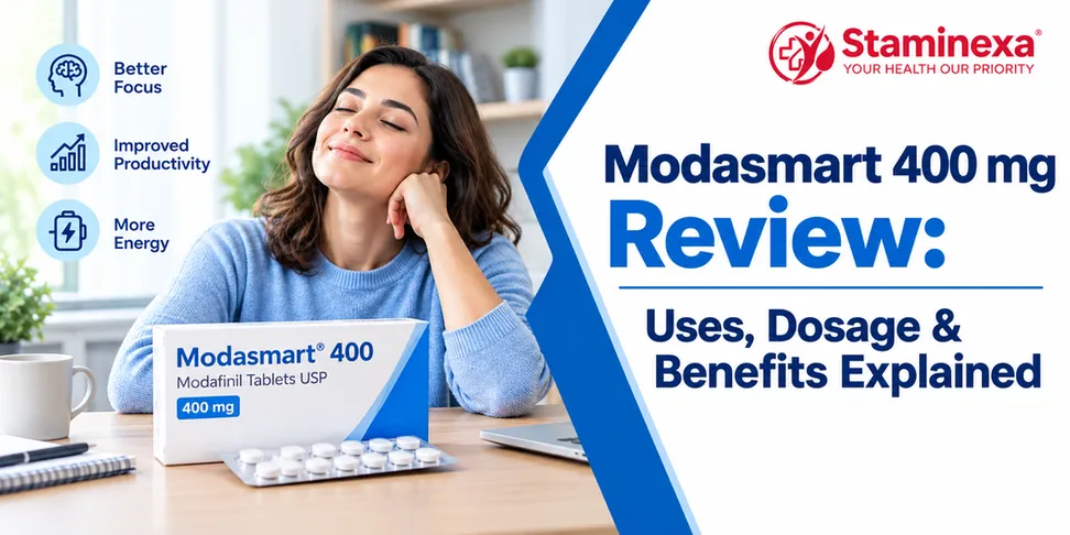 Modasmart 400 mg review banner showing Modafinil tablets with uses, dosage and benefits explained.
