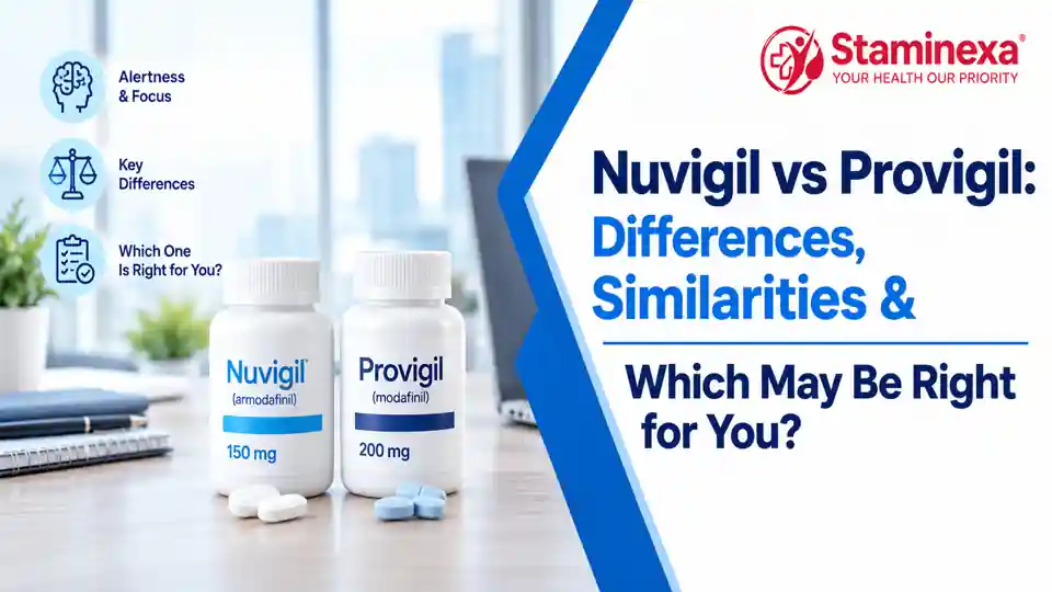 Comparison of Nuvigil and Provigil bottles with focus and alertness icons in a healthcare infographic