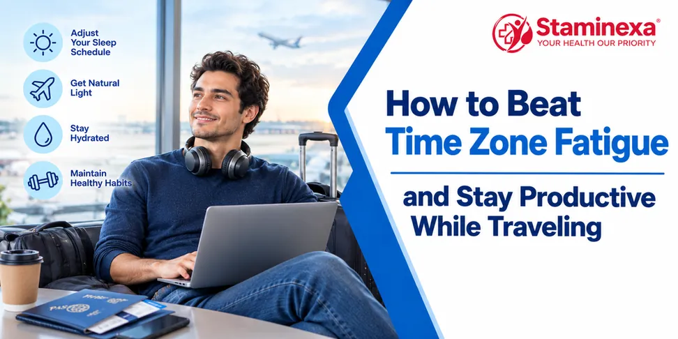 Man working on a laptop in an airport lounge while traveling, with tips to beat time zone fatigue including adjusting sleep, getting natural light, staying hydrated, and maintaining healthy habits.