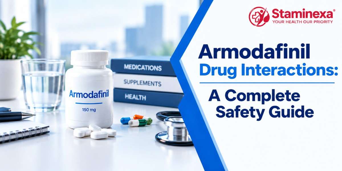 Armodafinil drug interactions infographic featuring a medication bottle, capsules, and medical safety essentials