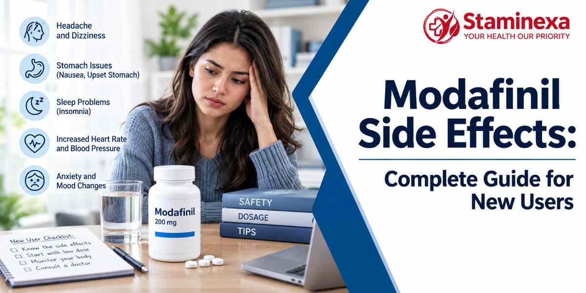 Modafinil side effects guide for new users, including headache, nausea, insomnia, and mood changes