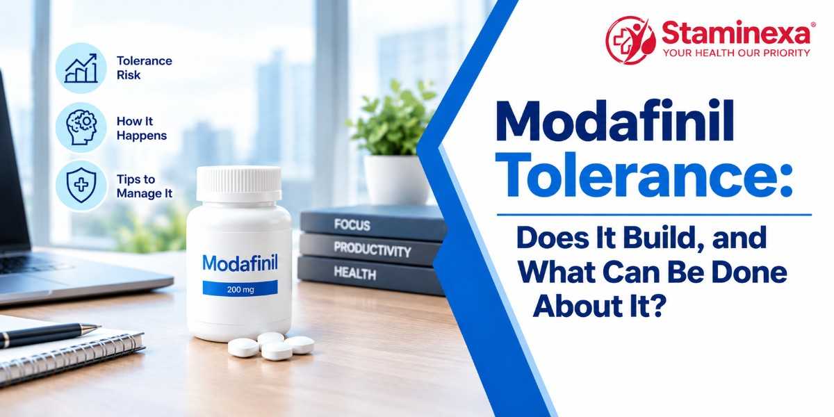 Modafinil tolerance infographic showing medication bottle, risk factors, and management tips