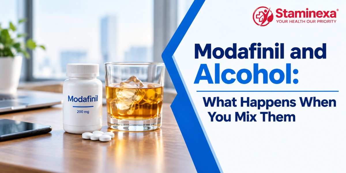 Modafinil and alcohol infographic showing a modafinil bottle beside a glass of amber alcohol