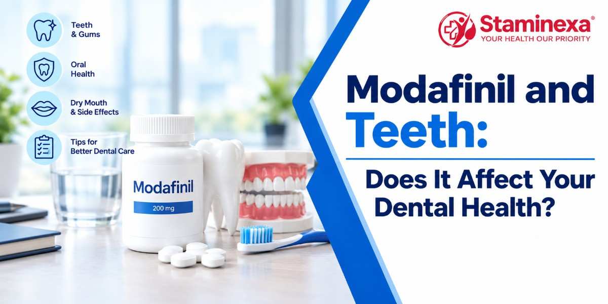 Modafinil and teeth infographic showing a medication bottle, tooth model, toothbrush, and dental health tips