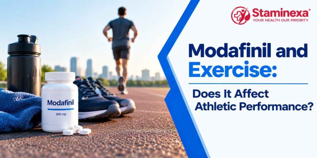 Modafinil and exercise banner showing a medication bottle, running shoes, and an athlete on a track