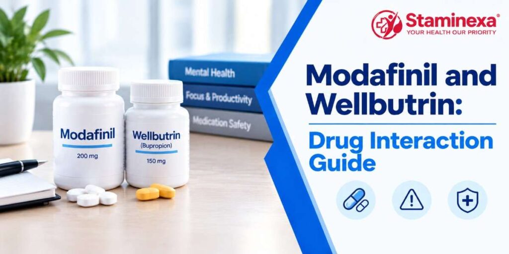 Modafinil and Wellbutrin drug interaction guide featuring medication bottles, tablets, and medication safety symbols