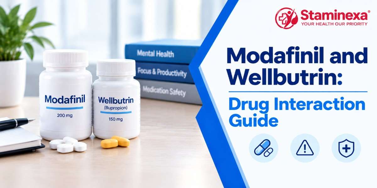 Modafinil and Wellbutrin drug interaction guide featuring medication bottles, tablets, and medication safety symbols