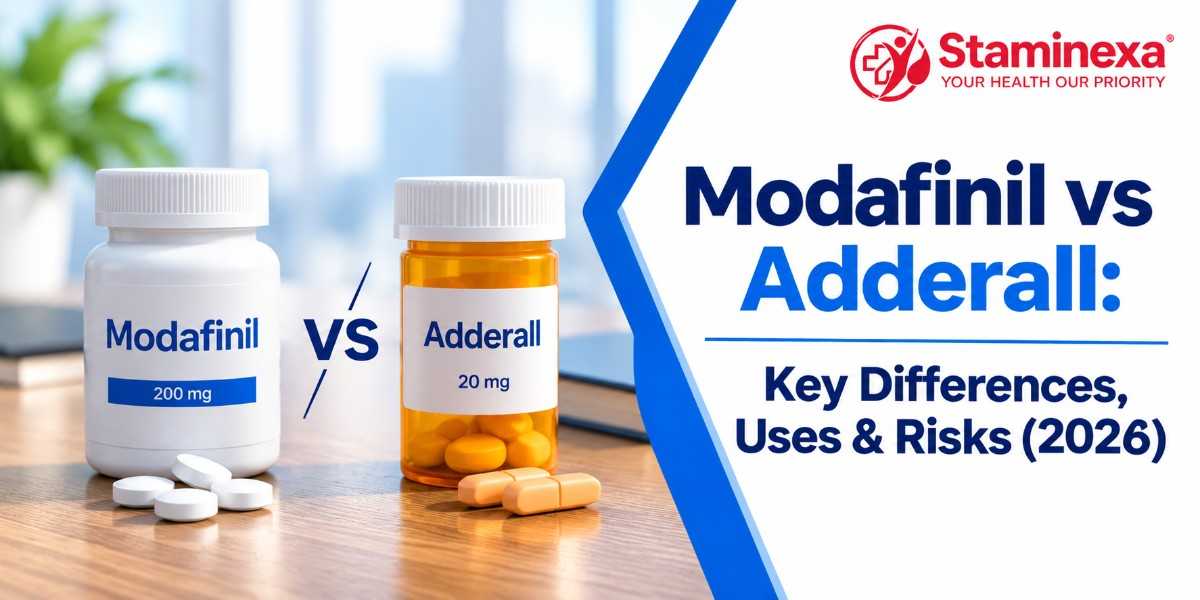 Modafinil vs Adderall comparison infographic showing medication bottles, key differences, uses, and risks in 2026