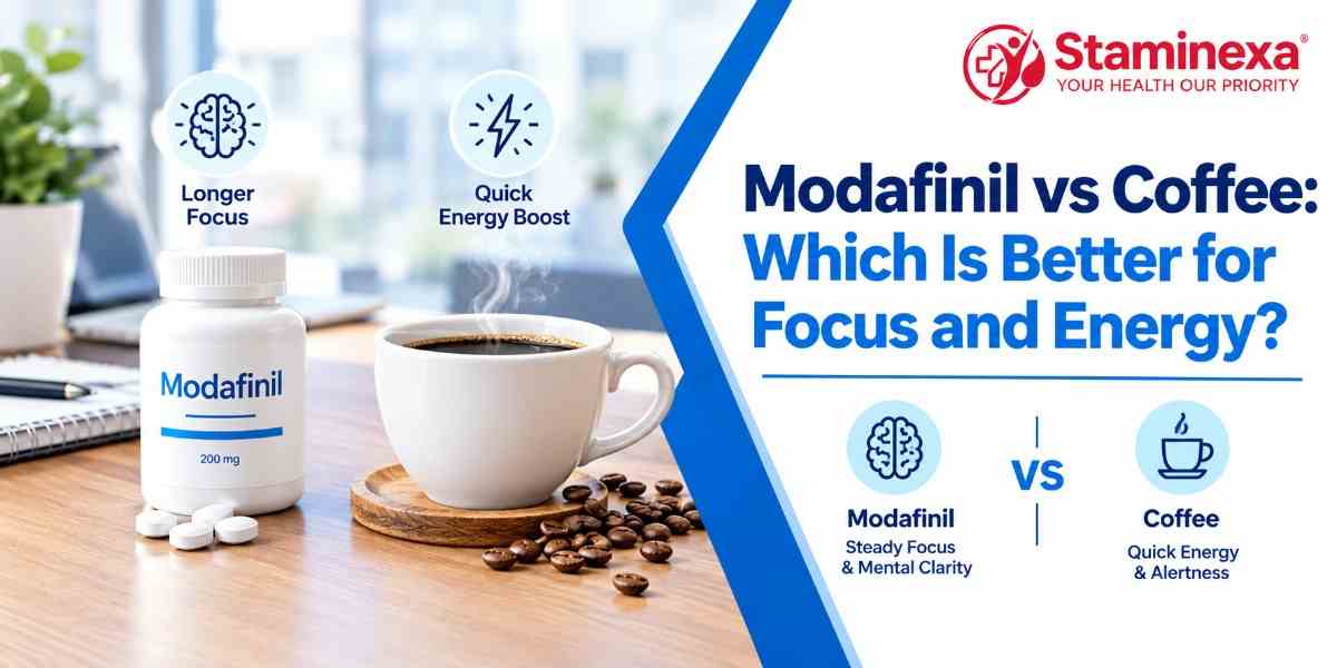 Modafinil bottle and coffee cup on desk comparing focus, alertness, and energy benefits