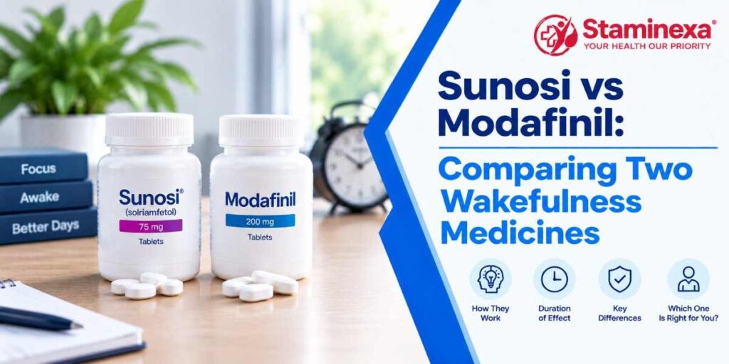 Sunosi vs Modafinil comparison banner featuring medication bottles and key differences between two wakefulness medicines