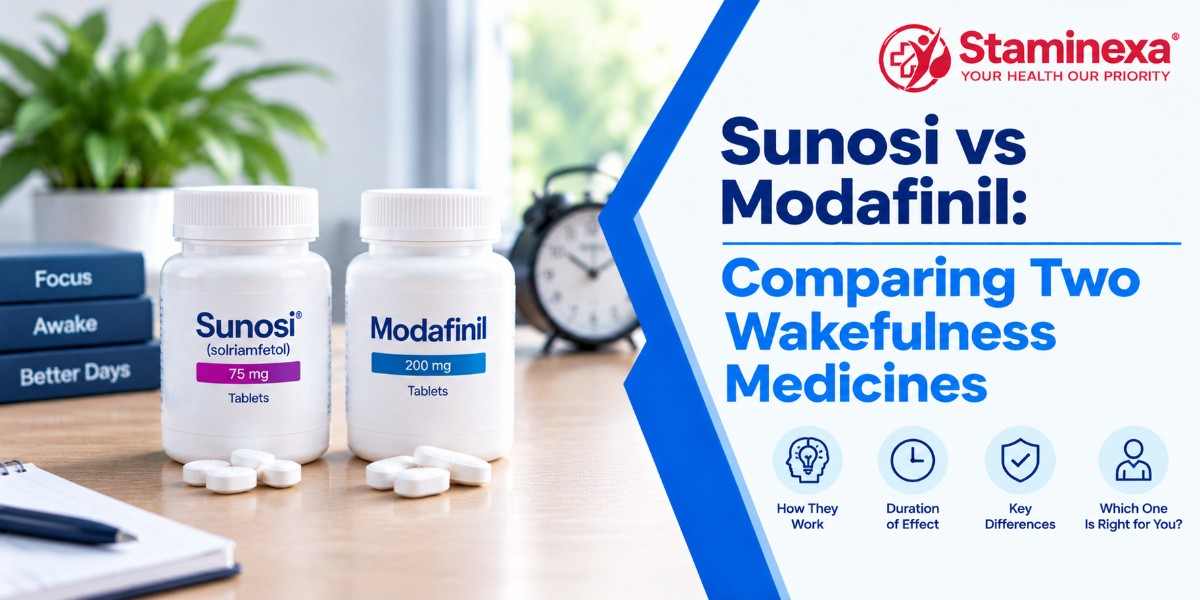 Sunosi vs Modafinil comparison banner featuring medication bottles and key differences between two wakefulness medicines