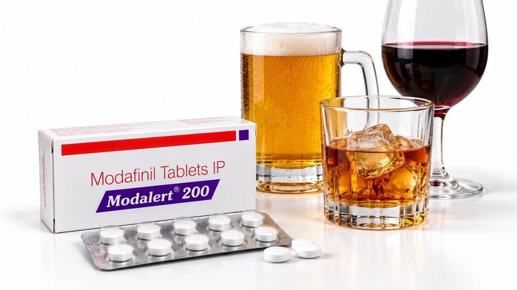 Modafinil tablets shown alongside beer, wine, and spirits to illustrate alcohol interactions