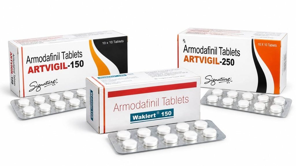 Armodafinil tablets and packaging for a drug interaction safety guide