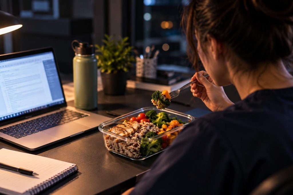 Woman eating a healthy meal of grilled chicken, quinoa and vegetables while working at a laptop during a night shift
