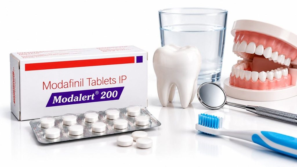 Modafinil tablets shown with dental care items and a tooth model to illustrate oral health concerns