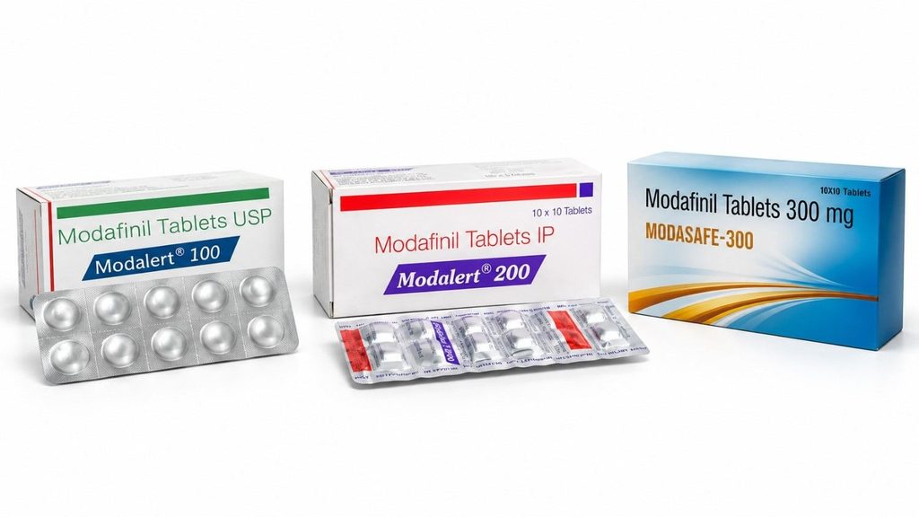 Modalert 100 mg, Modalert 200 mg, and Modasafe 300 mg modafinil tablet packaging shown side by side