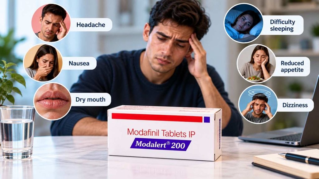 Medical illustration explaining common and serious side effects associated with modafinil